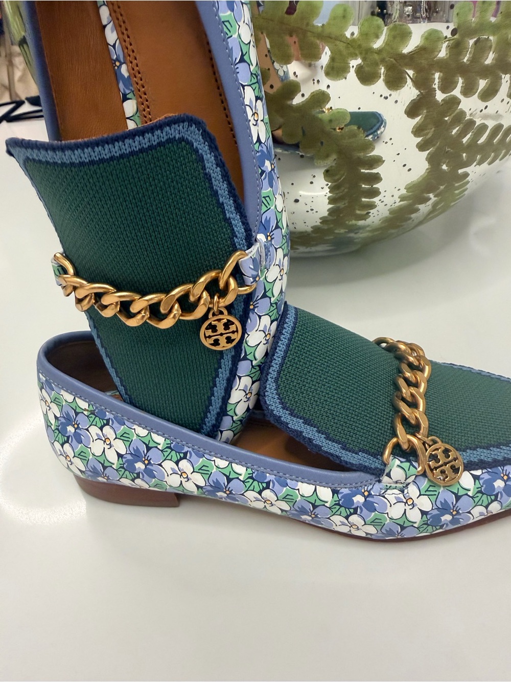 TORY BURCH Floral-Trim Green Knit Chain Loafer